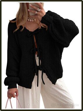 Tie Front Bow Cardigan Chunky Cable Knit Puff Sleeve Sweater Black Short Length